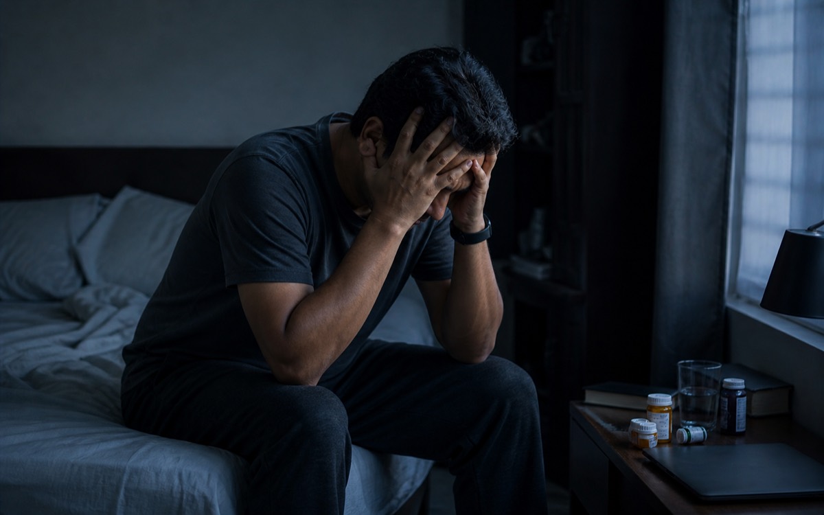 A person sitting hunched on a bed in a dimly lit room, head in their hands, surrounded by prescription bottles — the weight of unresolved emotional and life loops